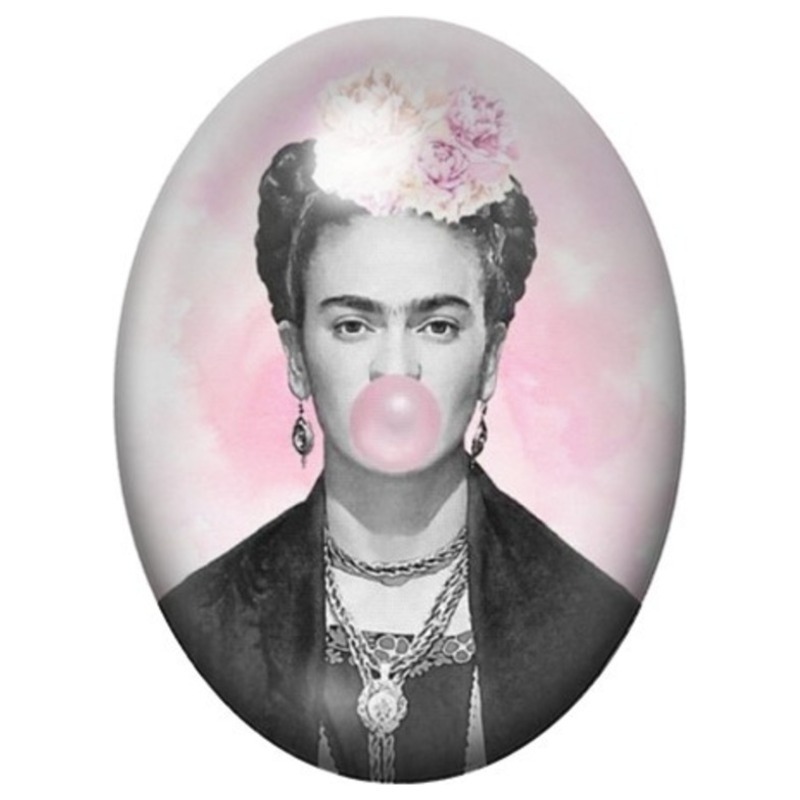 Cabochon en Verre Illustré Frida Kahlo à la Bulle de Chewing-Gum 13x18, 18x25 ou 30x40mm
