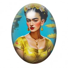 Cabochon en Verre Illustré Frida Kahlo en Robe Jaune Fleurie 13x18, 18x25 ou 30x40mm pour la création de bijoux fantaisie - DIY