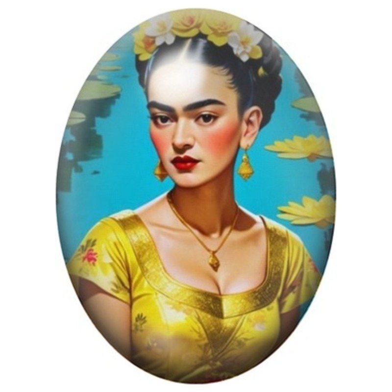 Cabochon en Verre Illustré Frida Kahlo en Robe Jaune Fleurie 13x18, 18x25 ou 30x40mm