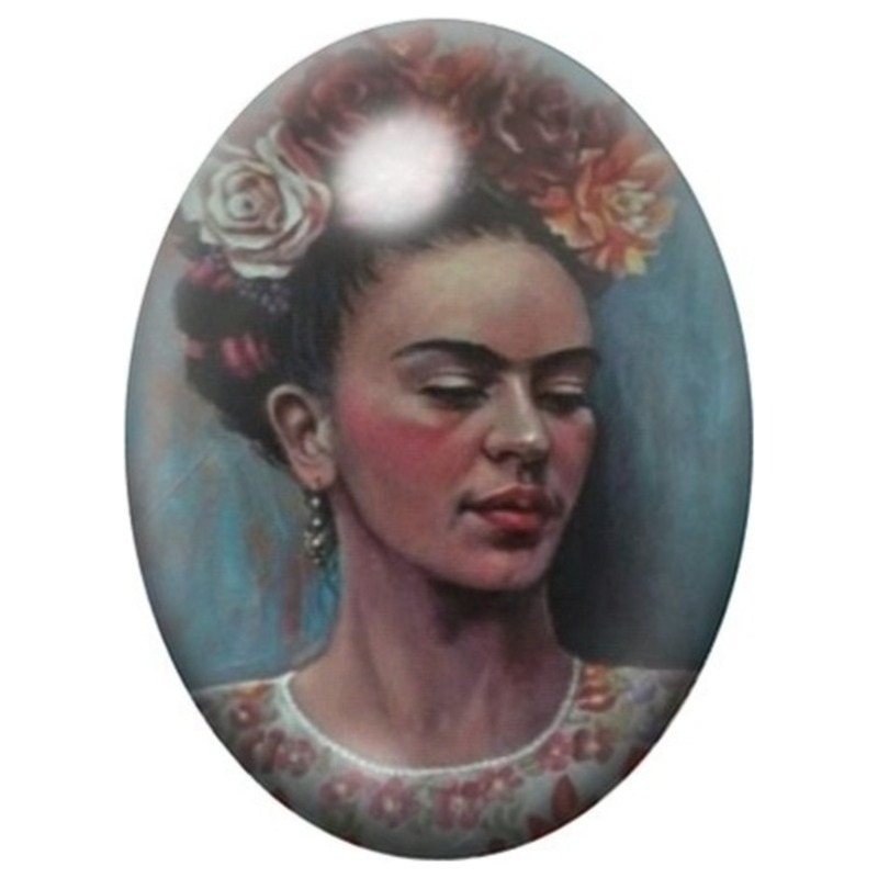 Cabochon en Verre Illustré Frida Kahlo au Portrait Peint dans la Brume 13x18, 18x25 ou 30x40mm