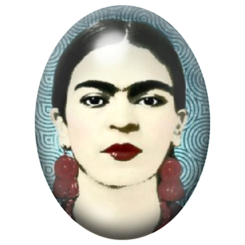 Cabochon en Verre Illustré Frida Kahlo en Portrait Épuré aux Boucles Rouges 13x18, 18x25 ou 30x40mm