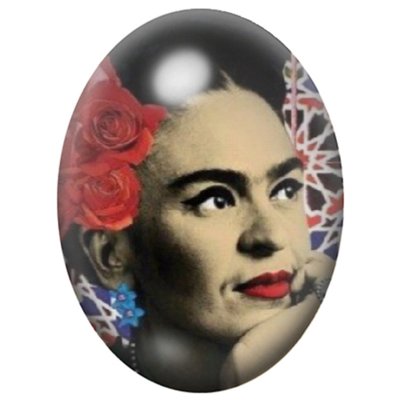 Cabochon en Verre Illustré Frida Kahlo de Profil aux Roses Rouges 13x18, 18x25 ou 30x40mm