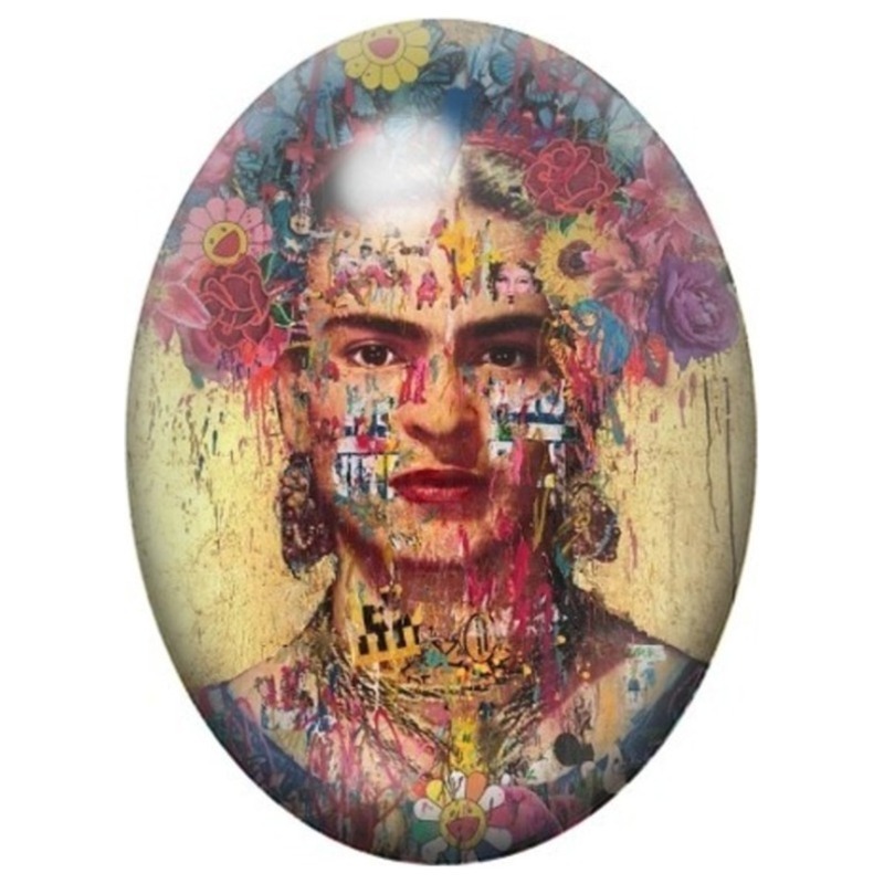 Cabochon en Verre Illustré Frida Kahlo au Collage Peint et Typographique 13x18, 18x25 ou 30x40mm