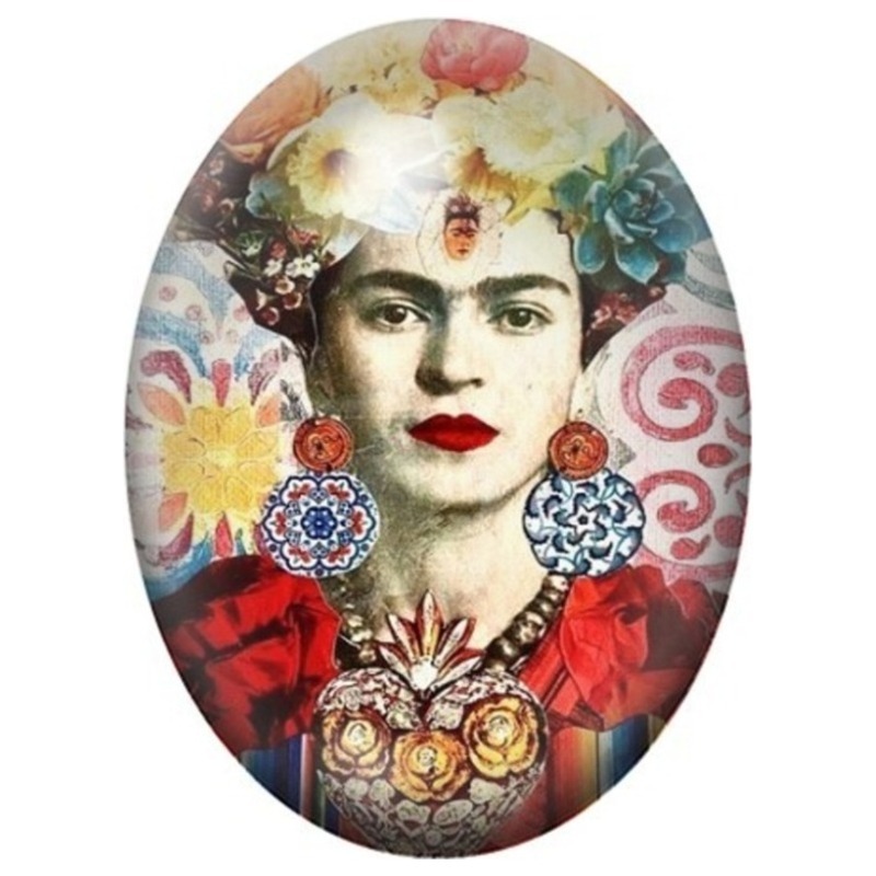 Cabochon en Verre Illustré Frida Kahlo aux Bijoux Mexicains et Fleurs 13x18, 18x25 ou 30x40mm