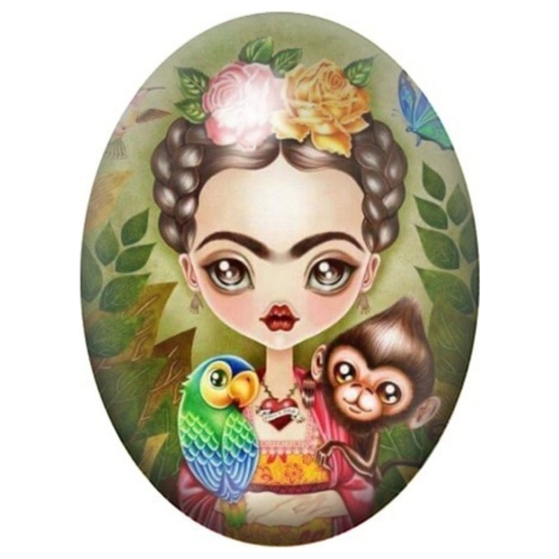 Cabochon en Verre Illustré Poupée Frida Kahlo au Perroquet et au Singe 13x18, 18x25 ou 30x40mm
