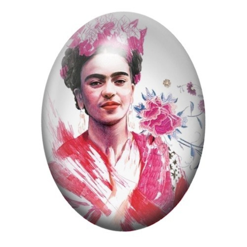 Cabochon en Verre Illustré Frida Kahlo en Aquarelle Rouge et Rose 13x18, 18x25 ou 30x40mm