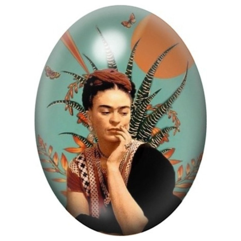 Cabochon en Verre Illustré Frida Kahlo Pensive à la Coiffe Exotique 13x18, 18x25 ou 30x40mm