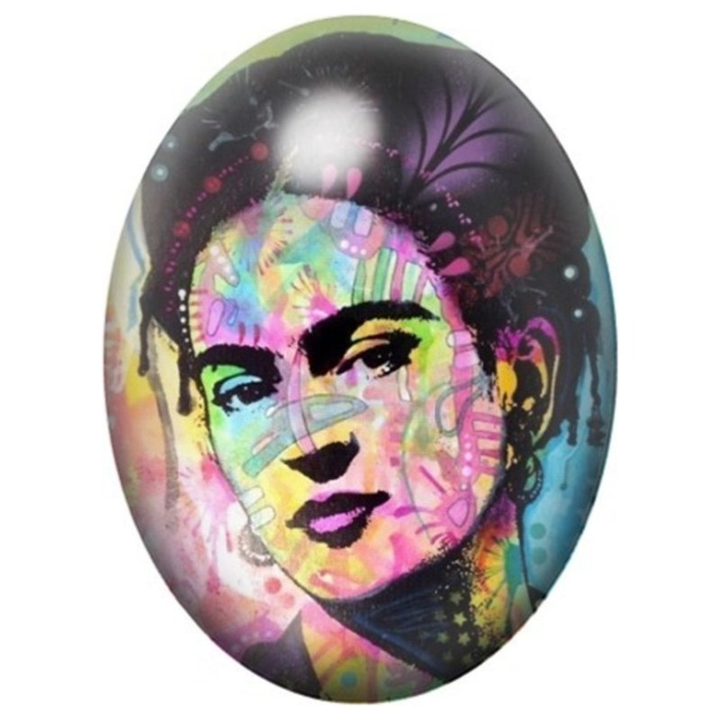 Cabochon en Verre Illustré Frida Kahlo au Portrait Abstrait Violet et Vert 13x18, 18x25 ou 30x40mm