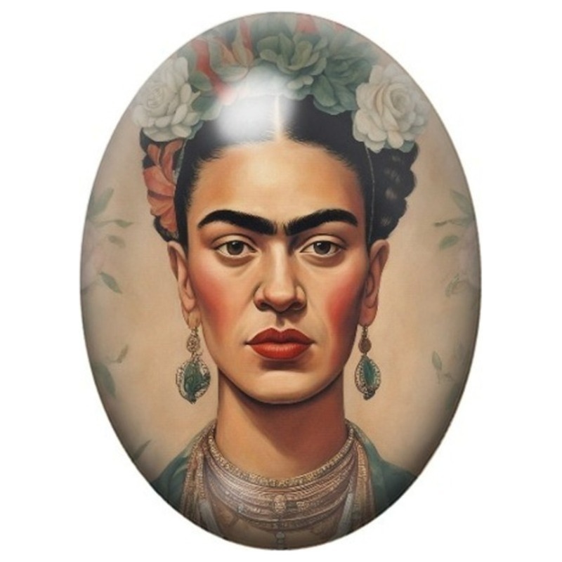 Cabochon en Verre Illustré Frida Kahlo aux Bijoux sur Fond Beige 13x18, 18x25 ou 30x40mm