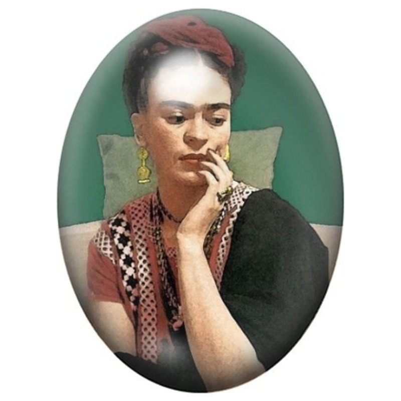 Cabochon en Verre Illustré Frida Kahlo Pensive sur Fond Vert 13x18, 18x25 ou 30x40mm
