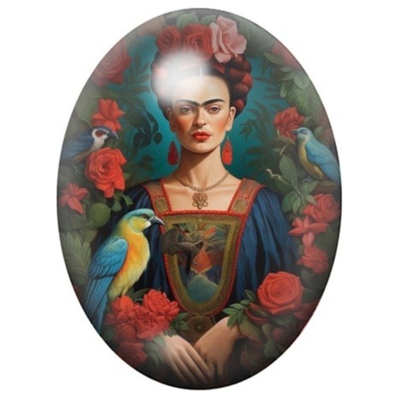 Cabochon en Verre Illustré Frida Kahlo au Perroquet et aux Roses 13x18, 18x25 ou 30x40mm