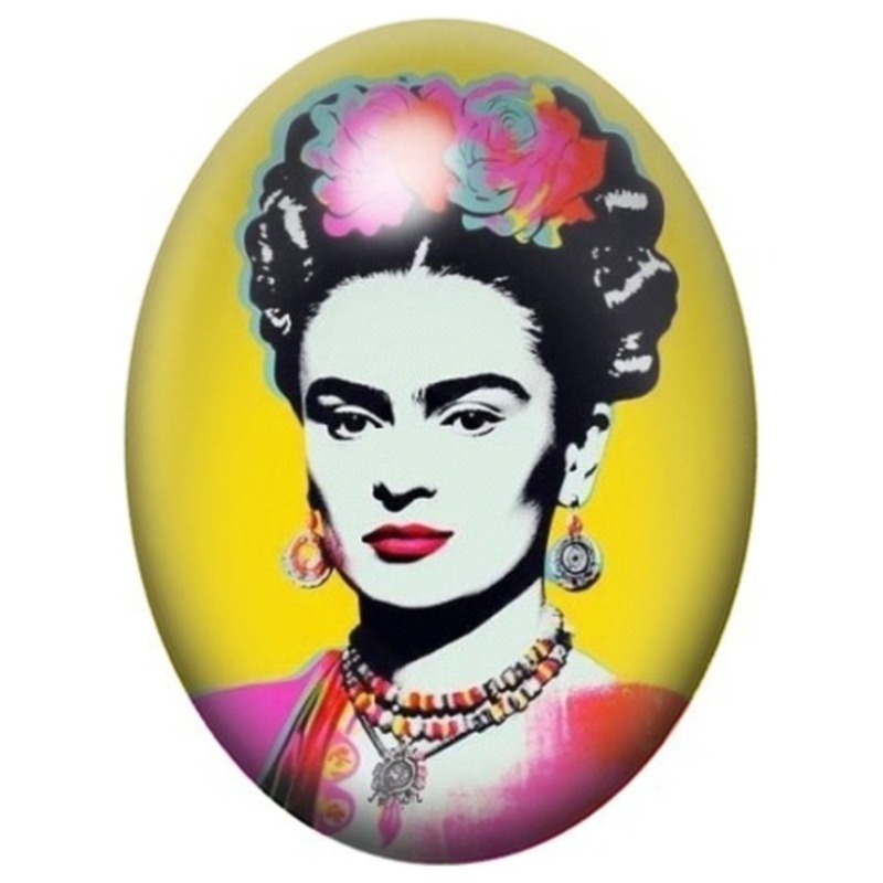 Cabochon en Verre Illustré Frida Kahlo Pop Art sur Fond Jaune 13x18, 18x25 ou 30x40mm