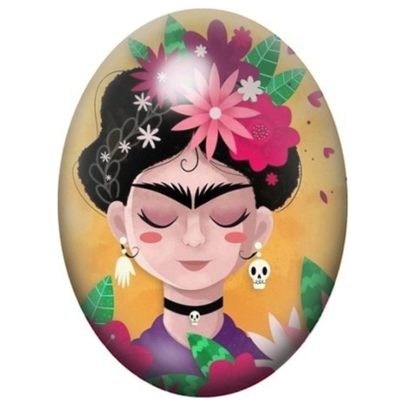Cabochon en Verre Illustré Frida Kahlo Kawaii aux Yeux Clos et Fleurs Roses 13x18, 18x25 ou 30x40mm