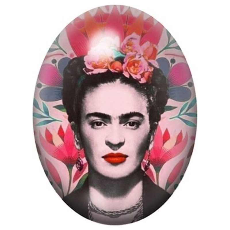 Cabochon en Verre Illustré Frida Kahlo aux Fleurs sur Fond Rose Graphique 13x18, 18x25 ou 30x40mm