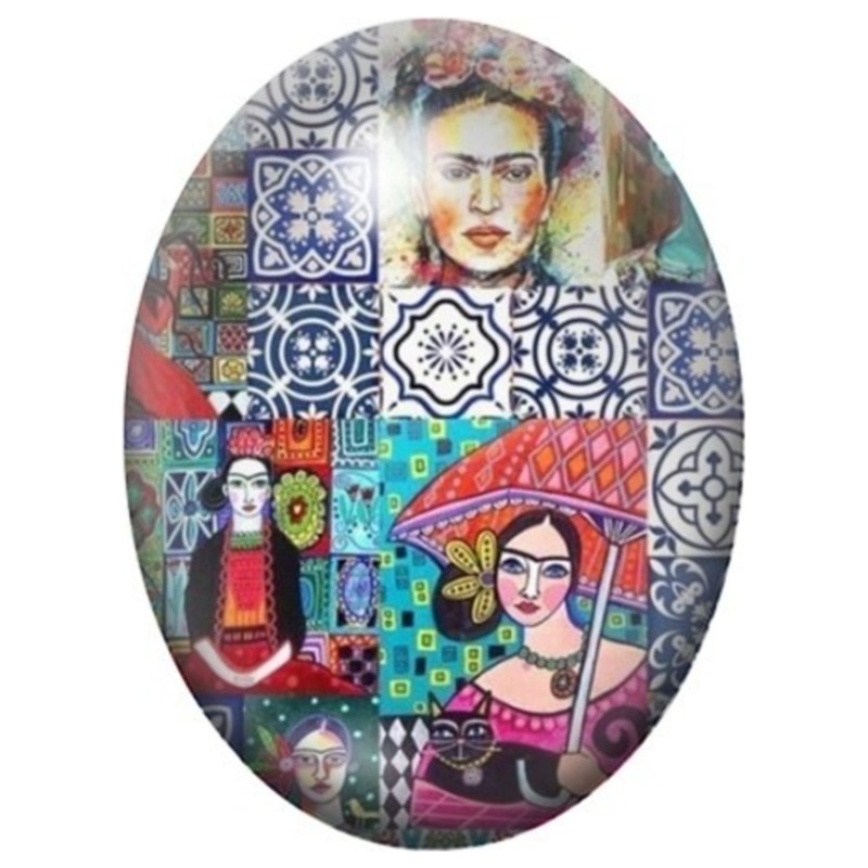Cabochon en Verre Illustré Frida Kahlo au Collage de Carreaux Mexicains 13x18, 18x25 ou 30x40mm