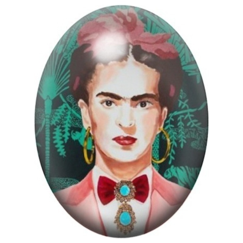 Cabochon en Verre Illustré Frida Kahlo au Nœud Rouge et Bijoux Turquoise 13x18, 18x25 ou 30x40mm