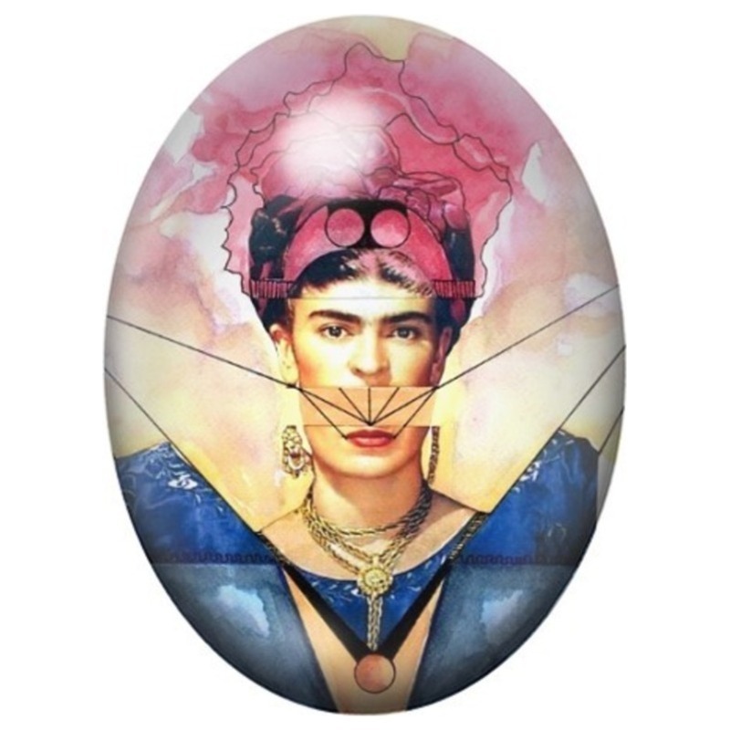 Cabochon en Verre Illustré Frida Kahlo au Vitrail Géométrique 13x18, 18x25 ou 30x40mm