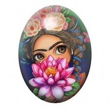 Cabochon en Verre Illustré Femme aux Grands Yeux et Fleur de Lotus 13x18, 18x25 ou 30x40mm pour la création de bijoux fantaisie 