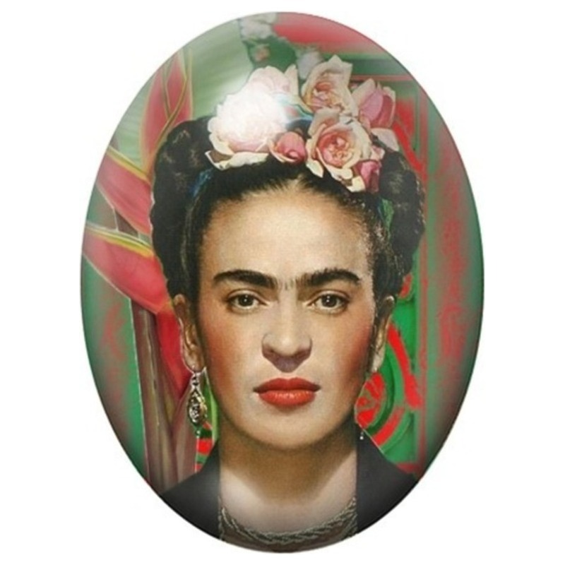 Cabochon en Verre Illustré Frida Kahlo aux Roses sur Fond Vert et Rouge 13x18, 18x25 ou 30x40mm