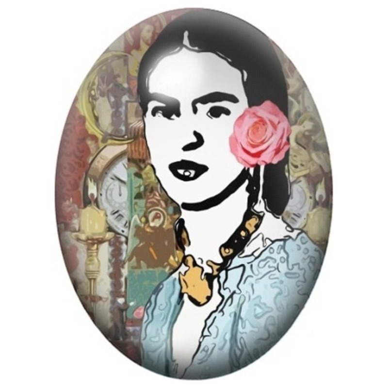 Cabochon en Verre Illustré Frida Kahlo Pop Art à la Rose sur la Joue 13x18, 18x25 ou 30x40mm