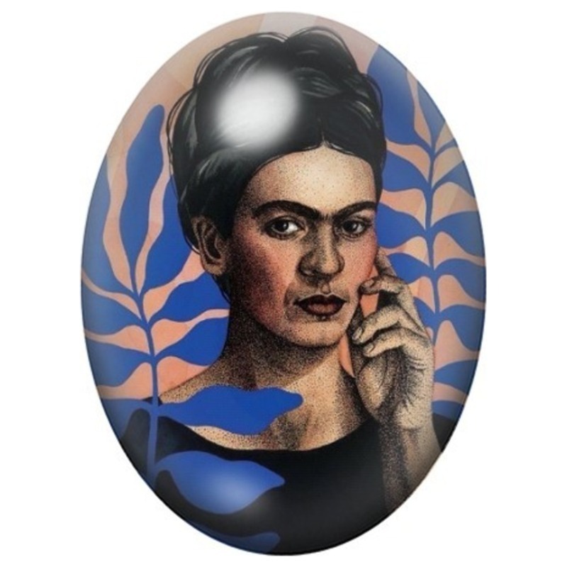 Cabochon en Verre Illustré Frida Kahlo Illustrée aux Feuilles Bleues 13x18, 18x25 ou 30x40mm