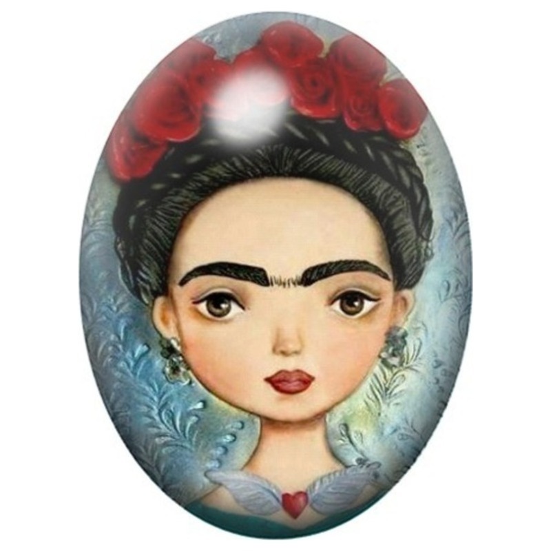 Cabochon en Verre Illustré Petite Frida Kahlo aux Roses Rouges 13x18, 18x25 ou 30x40mm