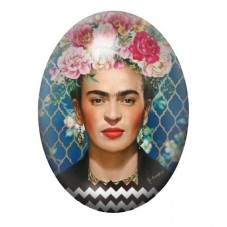 Cabochon en Verre Illustré Frida Kahlo aux Roses sur Fond Bleu Ornemental 13x18, 18x25 ou 30x40mm pour la création de bijoux fan