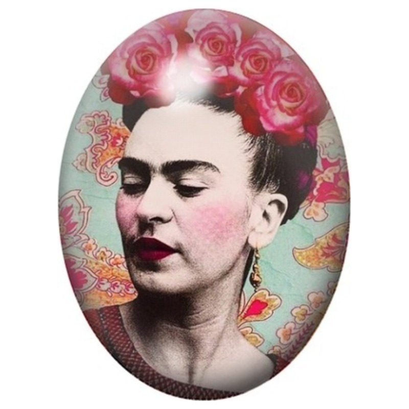 Cabochon en Verre Illustré Frida Kahlo les Yeux Clos aux Roses 13x18, 18x25 ou 30x40mm
