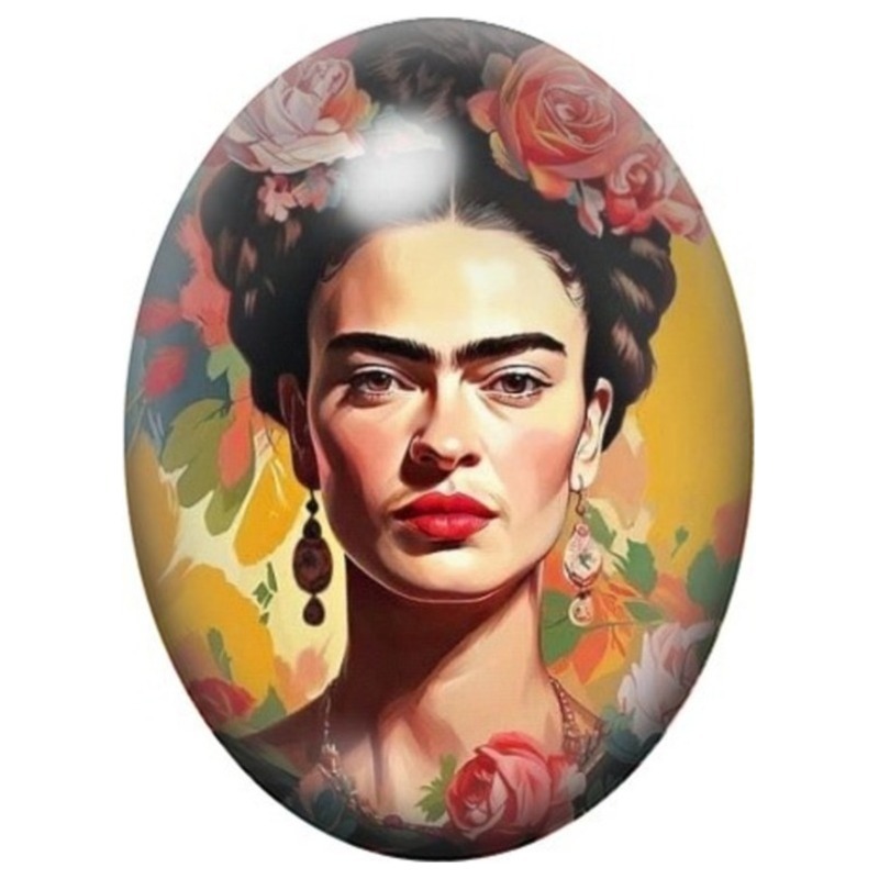 Cabochon en Verre Illustré Frida Kahlo aux Roses sur Fond Jaune 13x18, 18x25 ou 30x40mm