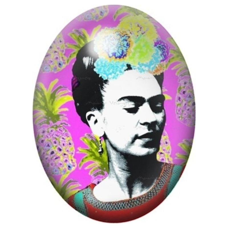 Cabochon en Verre Illustré Frida Kahlo Pop Art aux Feuillages Violets 13x18, 18x25 ou 30x40mm