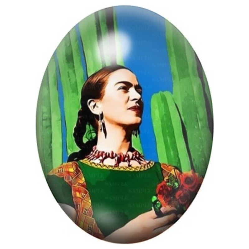Cabochon en Verre Illustré Frida Kahlo en Robe Verte devant les Cactus 13x18, 18x25 ou 30x40mm