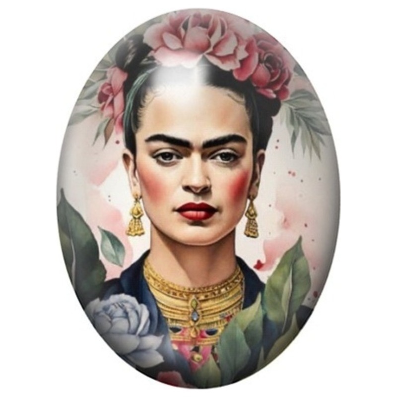 Cabochon en Verre Illustré Frida Kahlo aux Roses et Bijoux Dorés 13x18, 18x25 ou 30x40mm