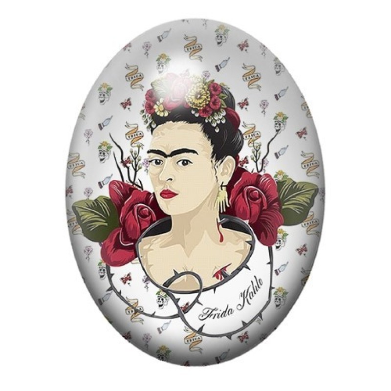 Cabochon en Verre Illustré Frida Kahlo Illustrée aux Roses et Papillons 13x18, 18x25 ou 30x40mm