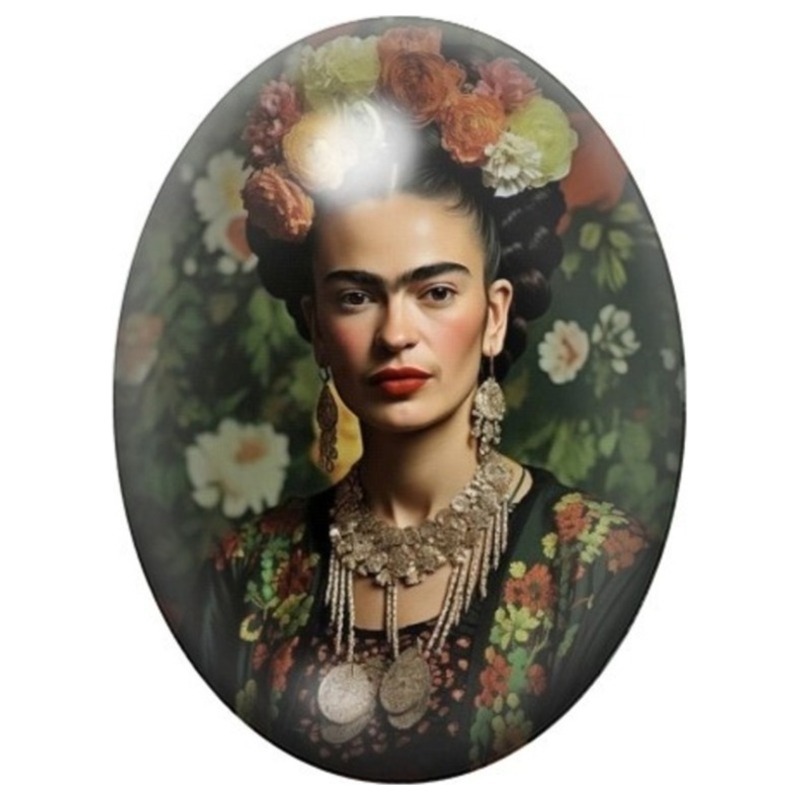 Cabochon en Verre Illustré Frida Kahlo aux Bijoux Anciens dans un Jardin 13x18, 18x25 ou 30x40mm