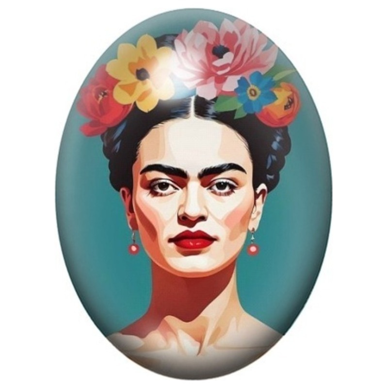 Cabochon en Verre Illustré Frida Kahlo Illustrée sur Fond Turquoise 13x18, 18x25 ou 30x40mm