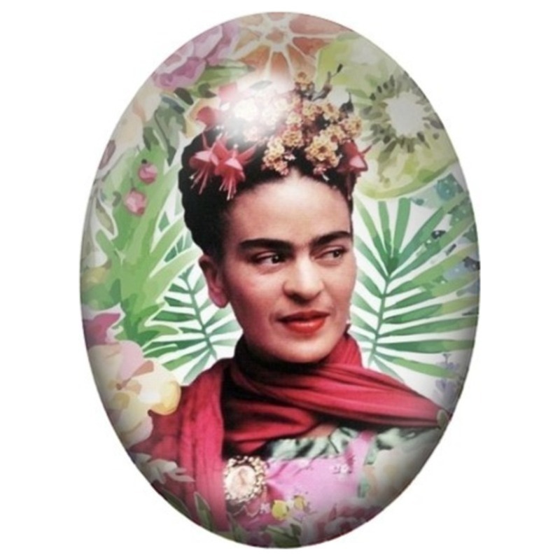 Cabochon en Verre Illustré Frida Kahlo au Châle Rouge et Feuillage Vert 13x18, 18x25 ou 30x40mm