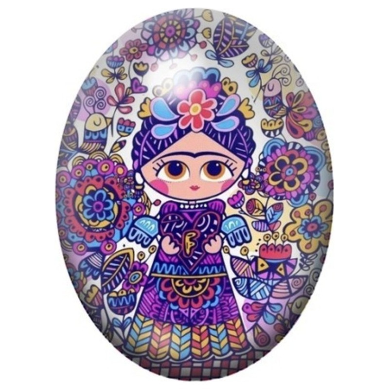 Cabochon en Verre Illustré Frida Kahlo Kawaii en Mandala Fleuri 13x18, 18x25 ou 30x40mm