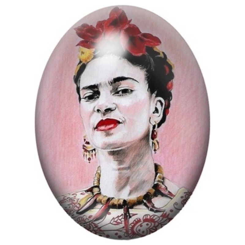 Cabochon en Verre Illustré Frida Kahlo aux Fleurs Rouges sur Fond Rose 13x18, 18x25 ou 30x40mm