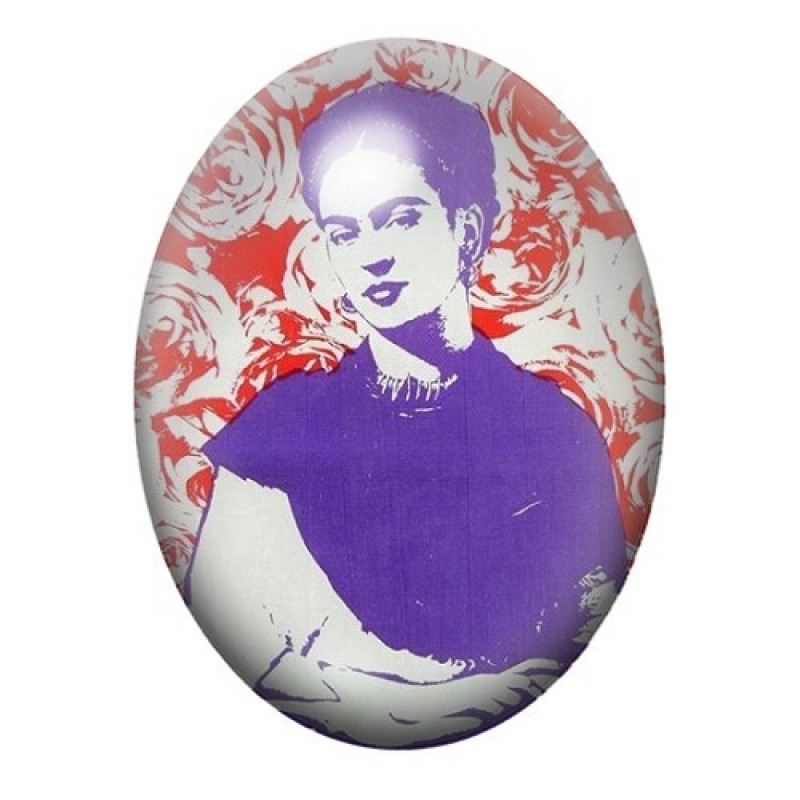 Cabochon en Verre Illustré Frida Kahlo en Pochoir Violet et Rouge 13x18, 18x25 ou 30x40mm