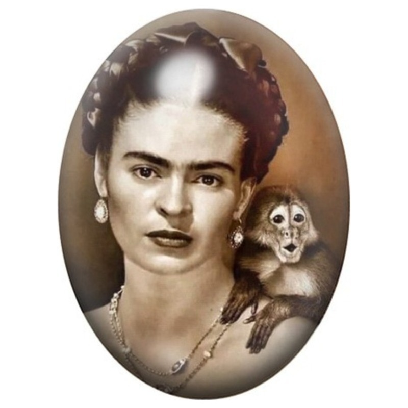 Cabochon en Verre Illustré Frida Kahlo au Petit Singe en Photo Ancienne 13x18, 18x25 ou 30x40mm
