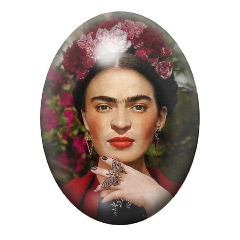 Cabochon en Verre Illustré Frida Kahlo à la Rose et au Papillon 13x18, 18x25 ou 30x40mm