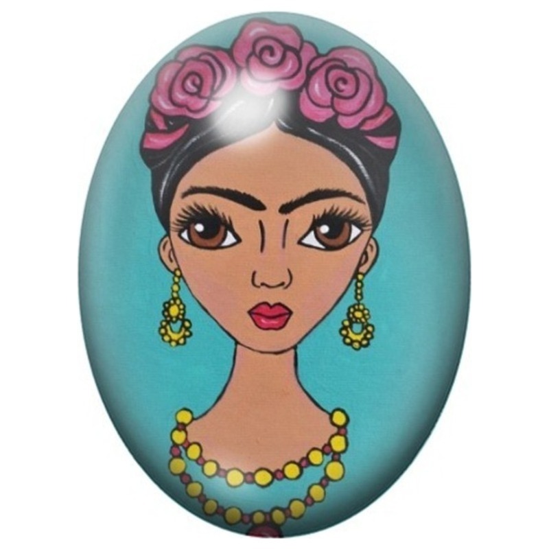 Cabochon en Verre Illustré Frida Kahlo Kawaii aux Roses sur Fond Turquoise 13x18, 18x25 ou 30x40mm