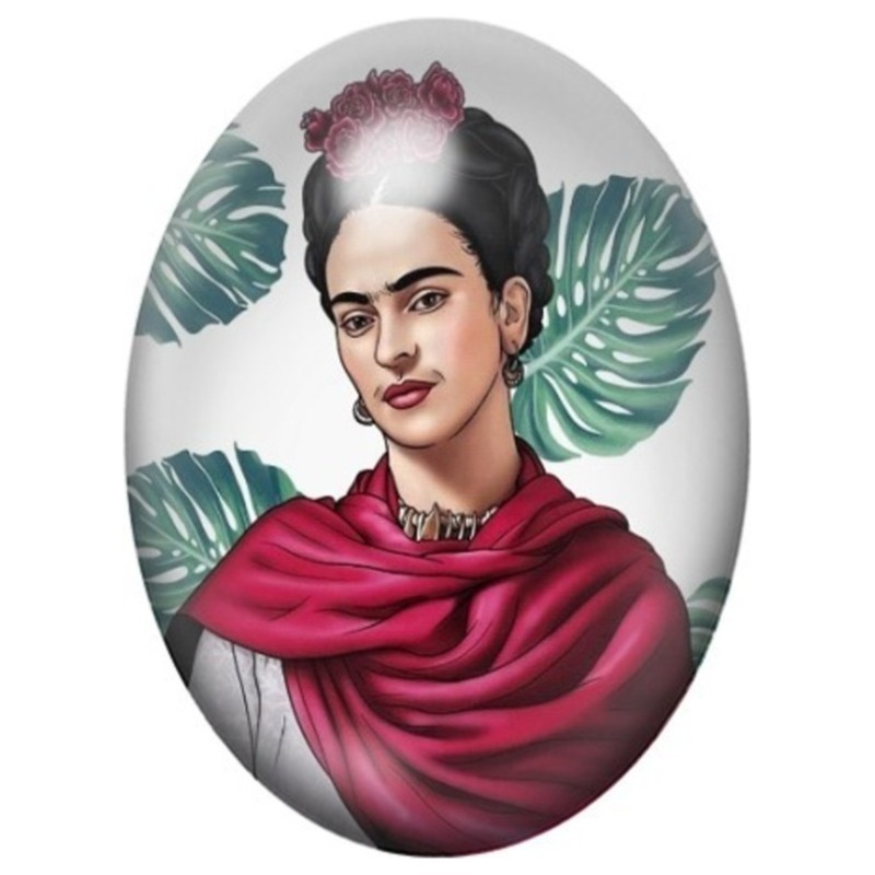 Cabochon en Verre Illustré Frida Kahlo au Châle Rose et Feuilles Tropicales 13x18, 18x25 ou 30x40mm