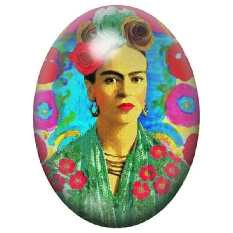 Cabochon en Verre Illustré Frida Kahlo aux Roses sur Fond Turquoise 13x18, 18x25 ou 30x40mm