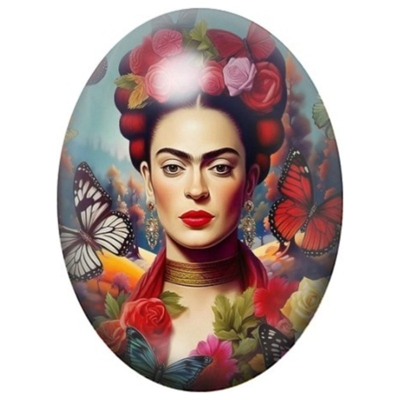 Cabochon en Verre Illustré Frida Kahlo aux Roses et Papillons 13x18, 18x25 ou 30x40mm