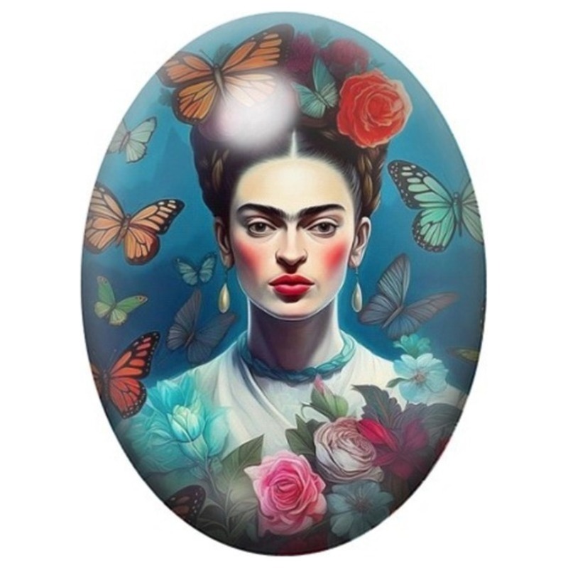 Cabochon en Verre Illustré Frida Kahlo aux Papillons et Roses 13x18, 18x25 ou 30x40mm
