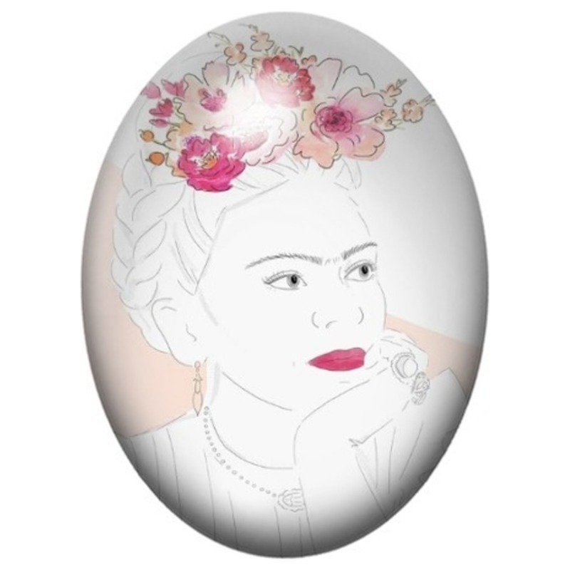 Cabochon en Verre Illustré Frida Kahlo au Visage Esquissé de Fleurs 13x18, 18x25 ou 30x40mm