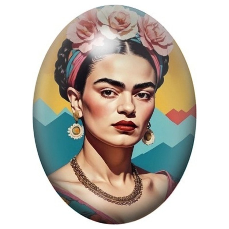 Cabochon en Verre Illustré Frida Kahlo aux Roses sur Fond Géométrique 13x18, 18x25 ou 30x40mm