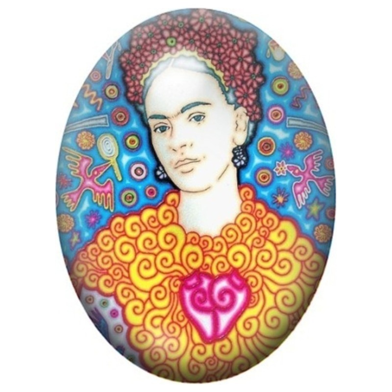 Cabochon en Verre Illustré Frida Kahlo en Mandala Psychédélique 13x18, 18x25 ou 30x40mm