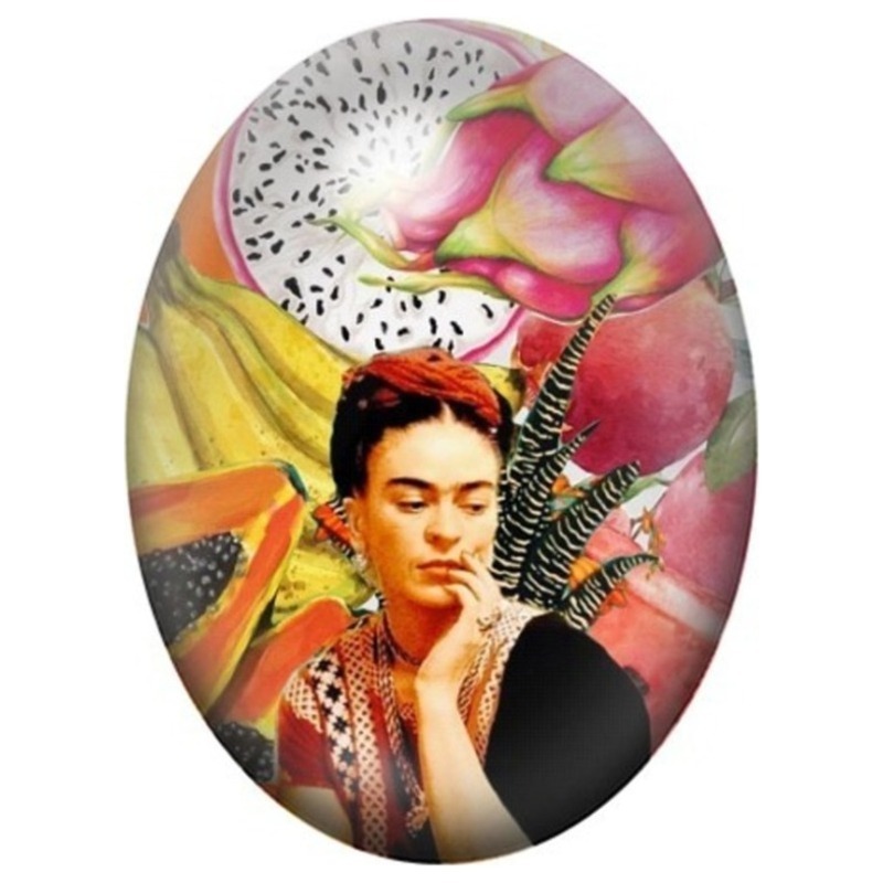 Cabochon en Verre Illustré Frida Kahlo au Collage Exotique 13x18, 18x25 ou 30x40mm